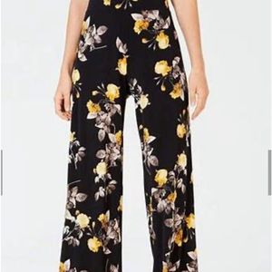 Alfani Pallazo Wide Leg Pants. Size XL. Black With Yellow Roses. Elastic Waist.